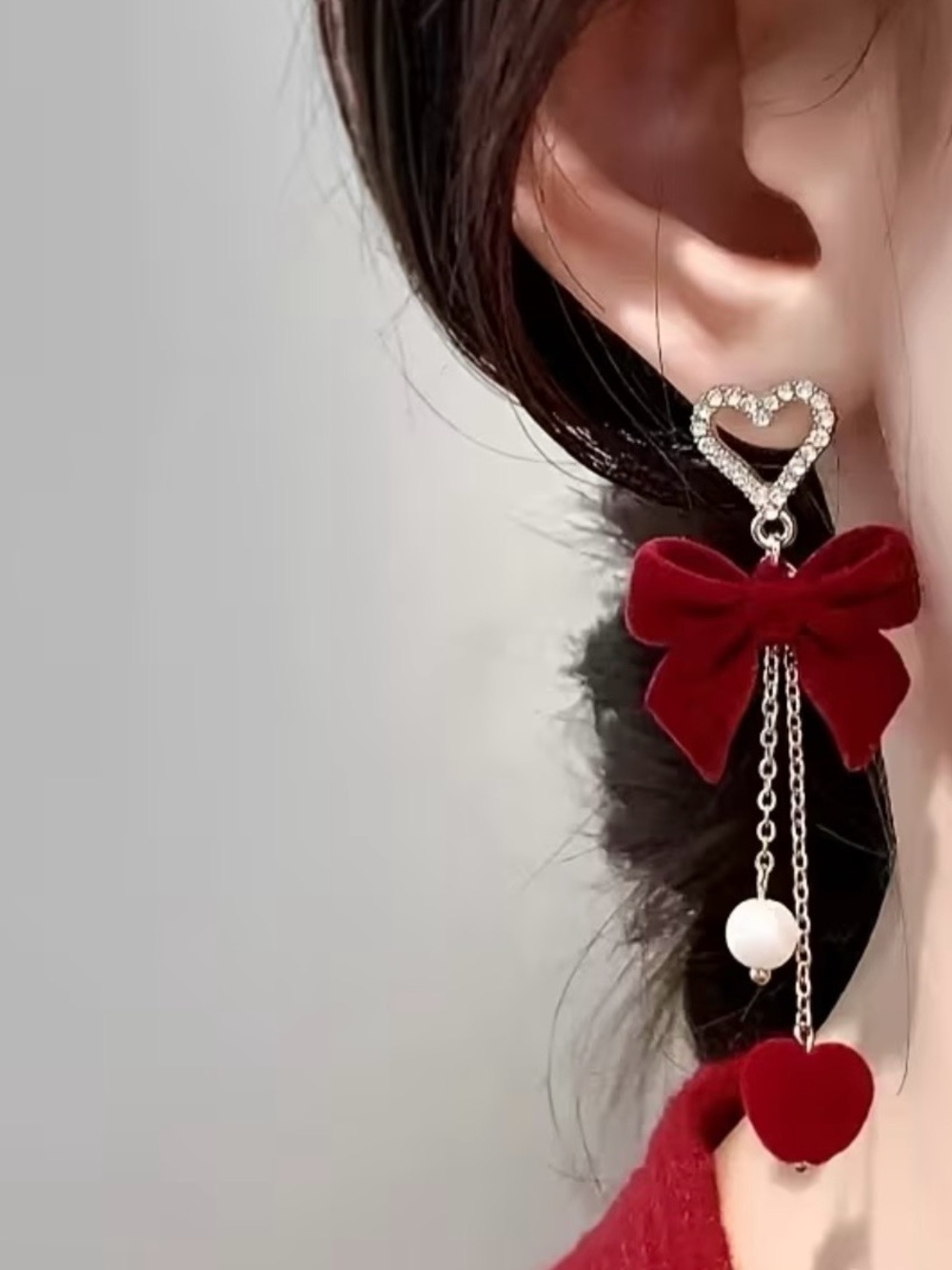 Rhinestone Heart Red Velvet Bow Drop Earrings